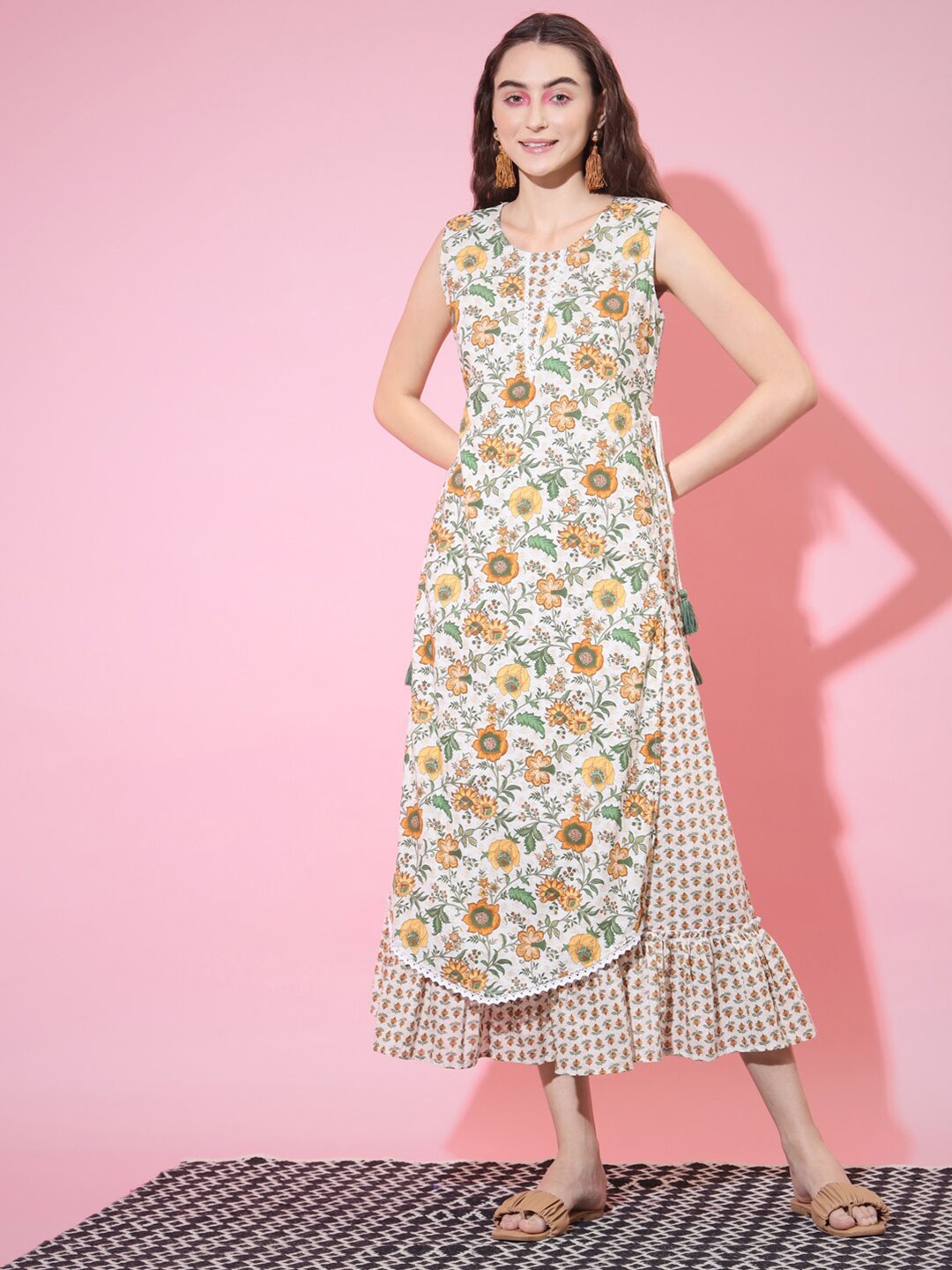 

KALINI Floral Printed Layered Cotton A-Line Midi Dress, White