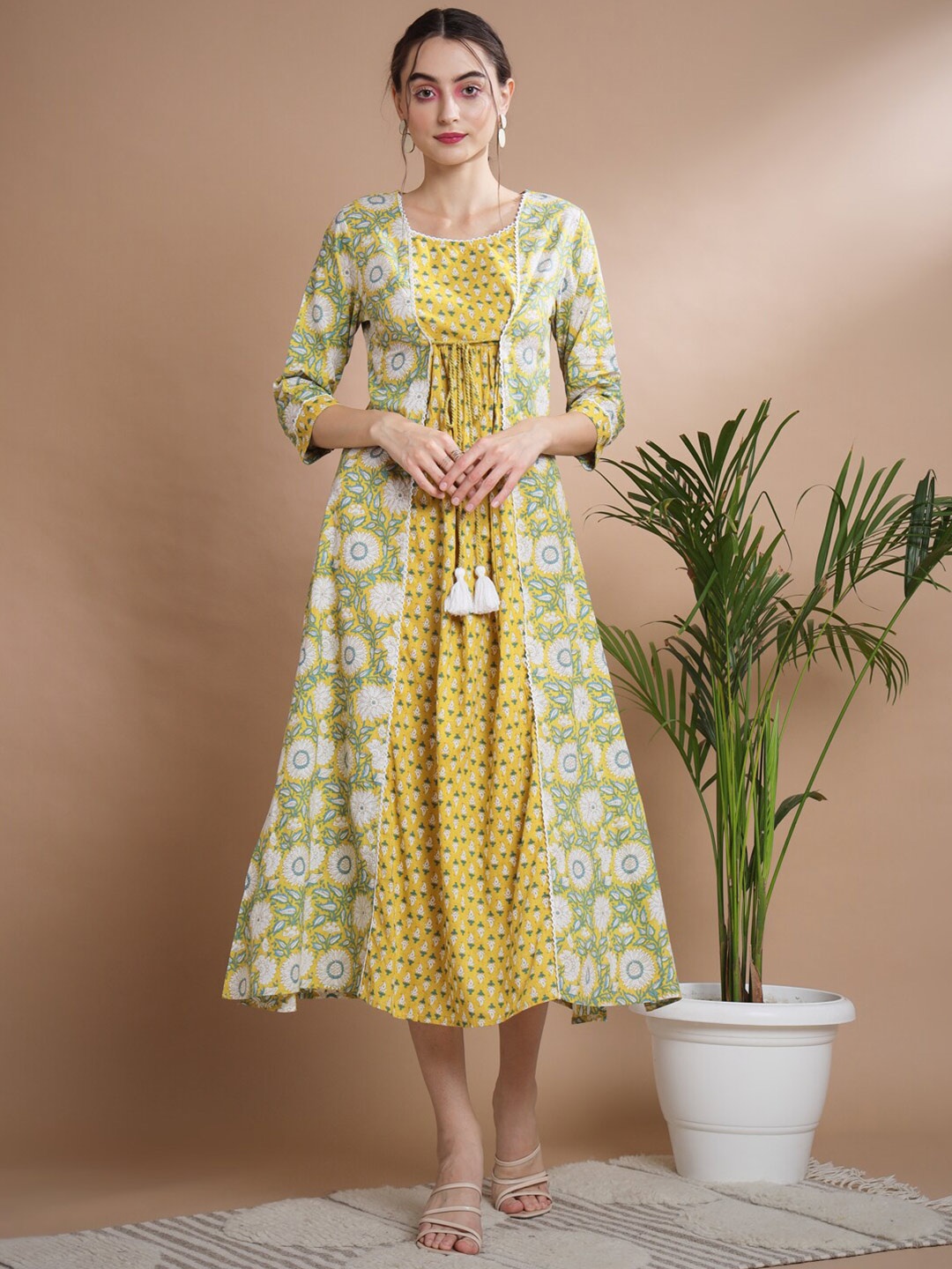 

KALINI Floral Printed A-Line Cotton Midi Dress, Yellow