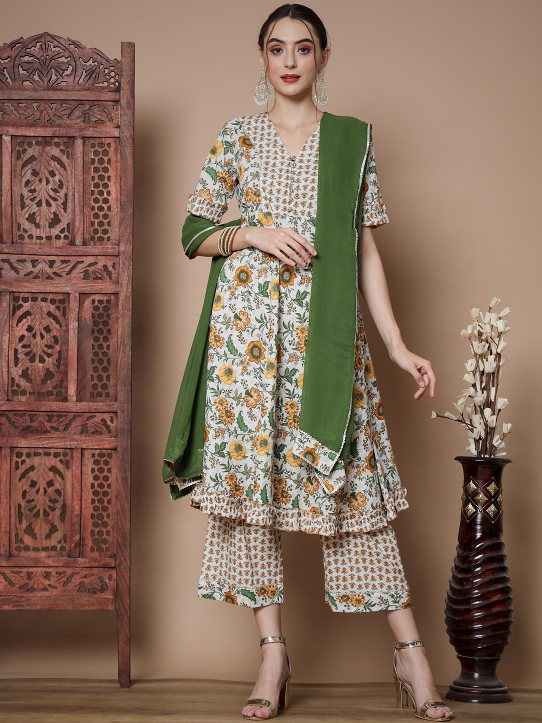 

KALINI Floral Printed Pure Cotton A-Line Kurta & Palazzos With Dupatta, White