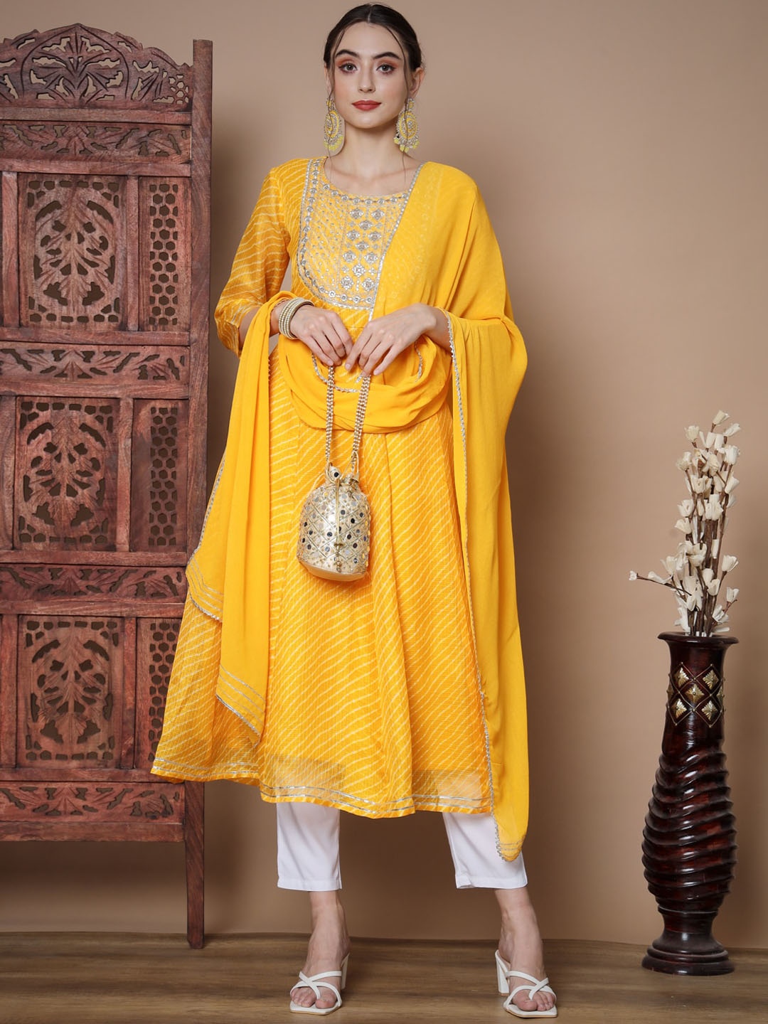 

KALINI Floral Embroidered Anarkali Kurta & Trousers With Dupatta, Yellow
