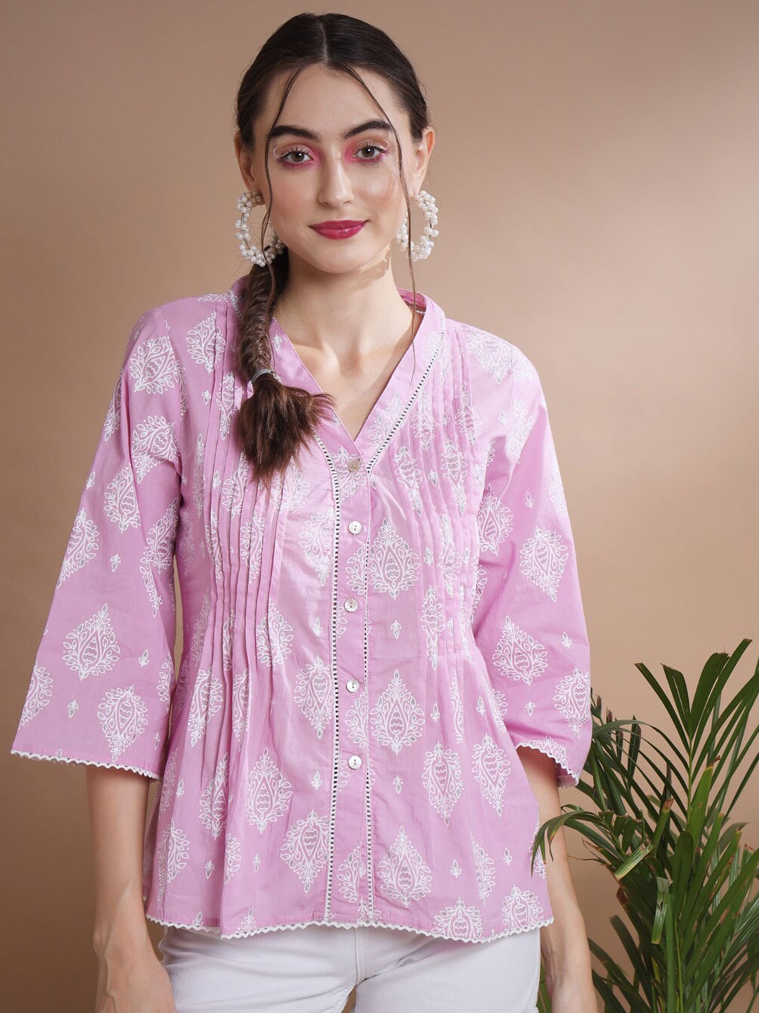 

KALINI Ethnic Motifs Printed V-Neck Pleats Detail Cotton Top, Pink