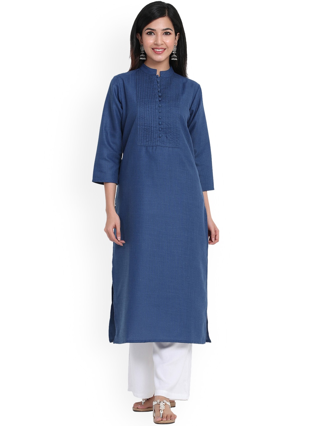 

ZOLA Navy Blue Yoke Design Mandarin Collar Three-Quarter Sleeves Cotton Kurta