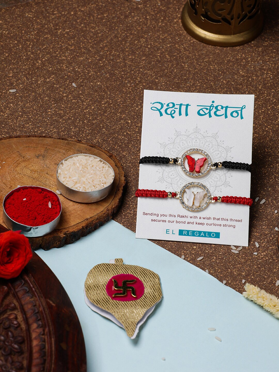 

EL REGALO Bhaiya Bhabhi Set Of 2 Wraparound Rakhi Combo, Gold