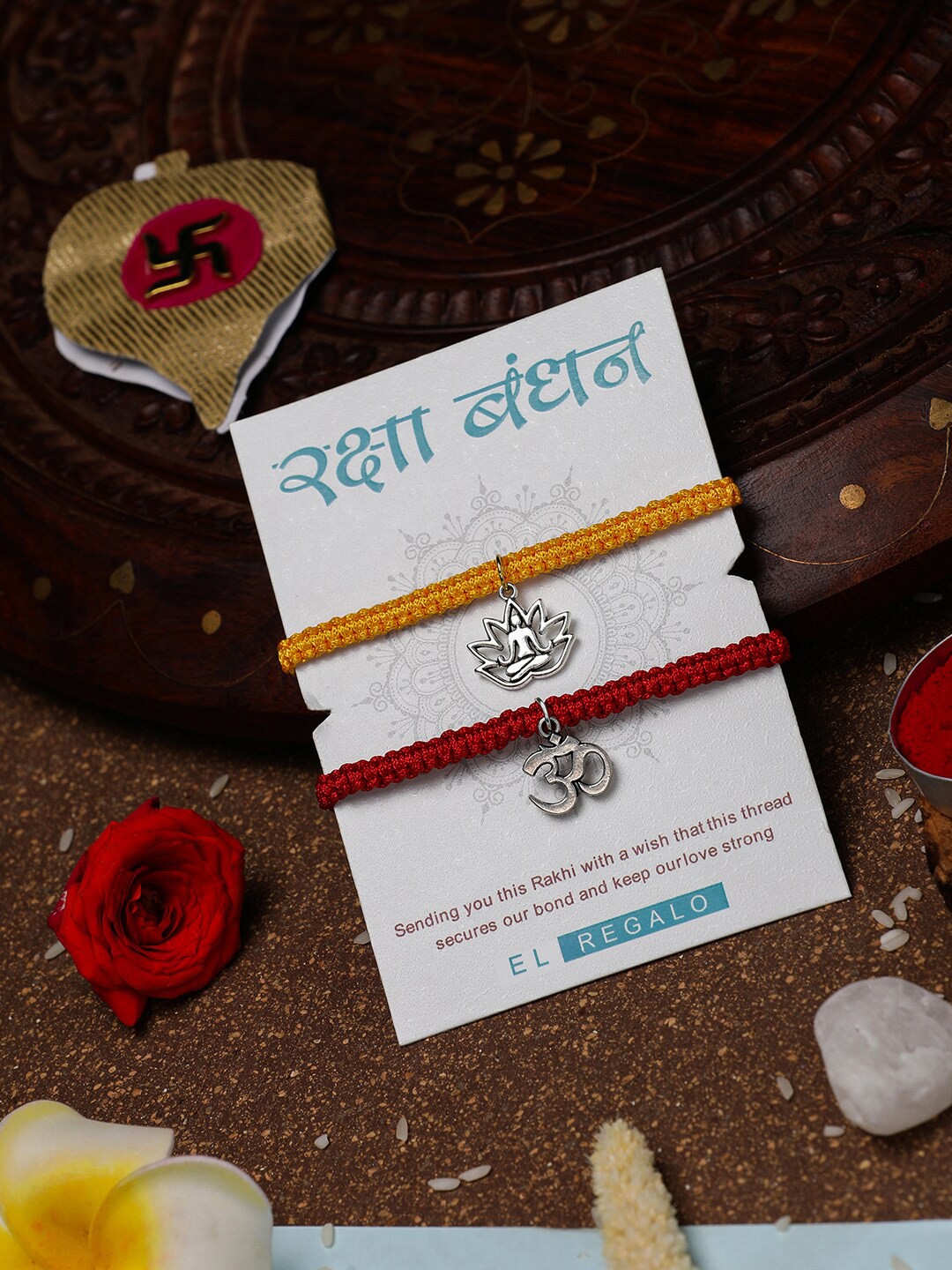 

EL REGALO Bhaiya Bhabhi Set Of 2 Charm Wraparound Rakhi Combo With Roli And Chawal And and card, Silver
