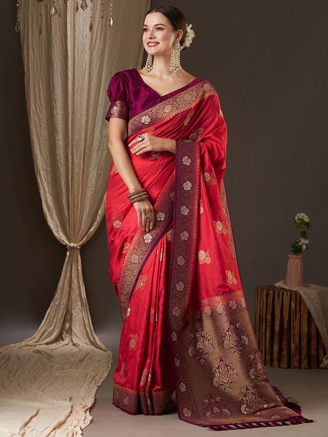 

Anouk Pink & Purple Woven Design Zari Banarasi Saree