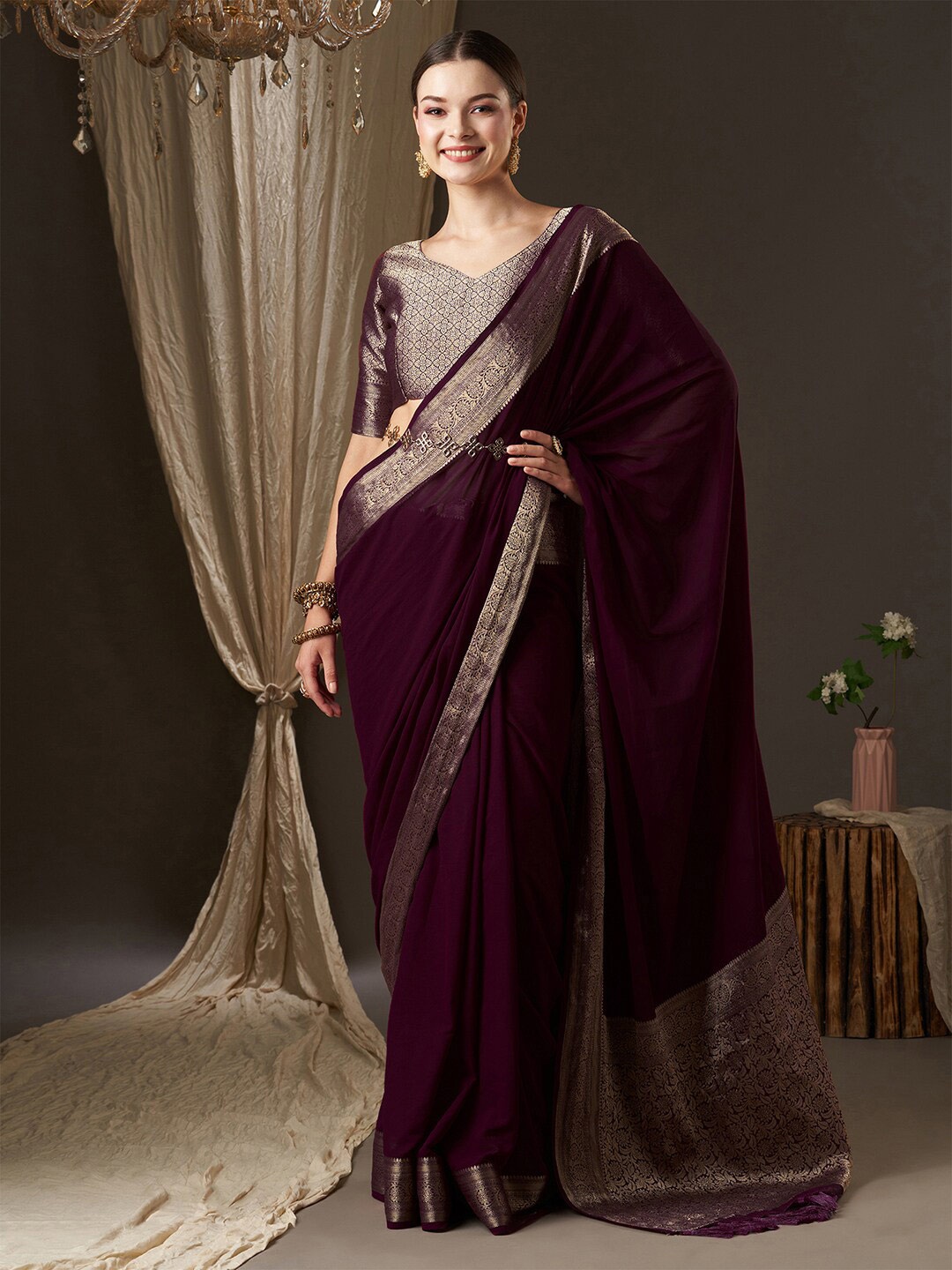 

Anouk Purple & Gold-Toned Zari Pure Georgette Kanjeevaram Saree