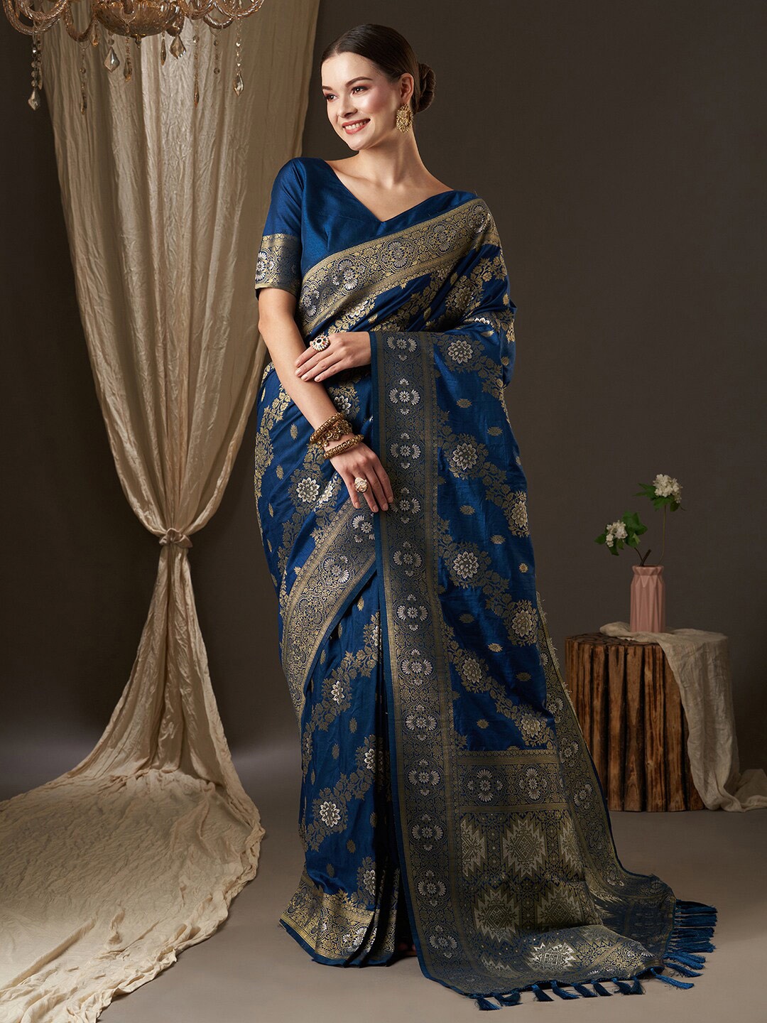 

Anouk Blue & Gold-Toned Woven Design Zari Banarasi Saree