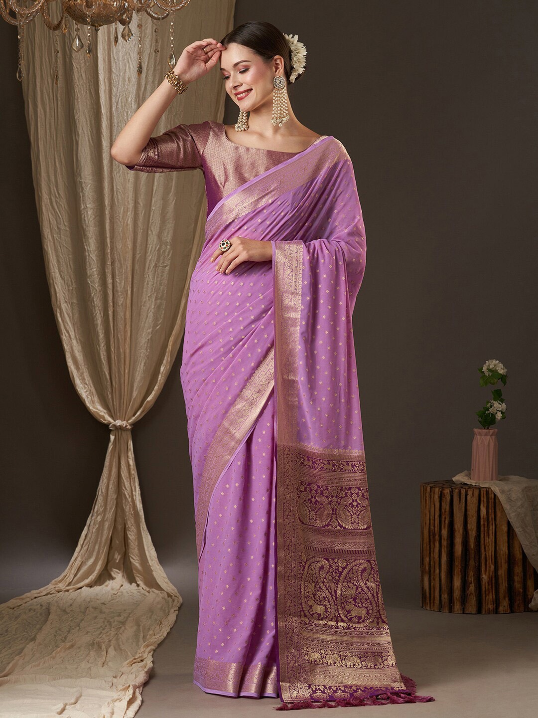 

Anouk Lavender & Gold-Toned Woven Design Zari Pure Georgette Kanjeevaram Saree