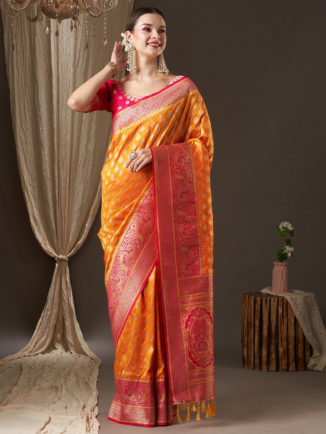 

Anouk Yellow & Red Woven Design Zari Banarasi Saree
