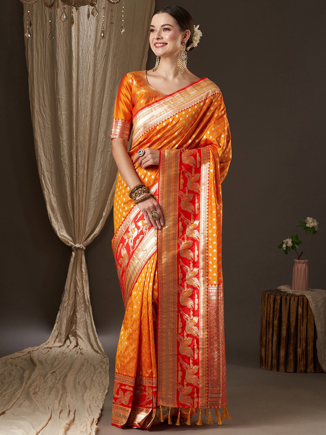 

Anouk Yellow & Gold-Toned Woven Design Zari Banarasi Saree