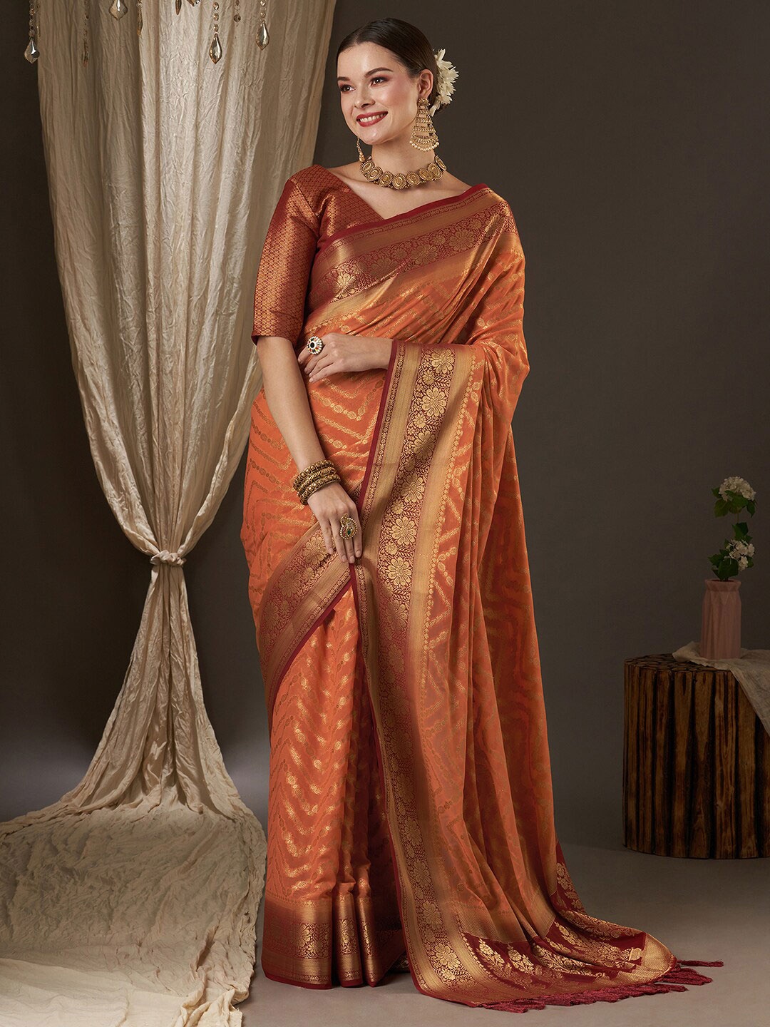 

Anouk Peach-Coloured & Red Woven Design Zari Pure Georgette Kanjeevaram Saree