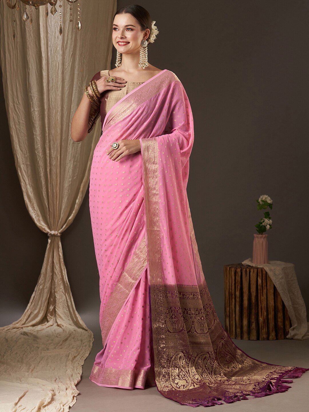 

Anouk Pink & Maroon Woven Design Zari Pure Georgette Kanjeevaram Saree