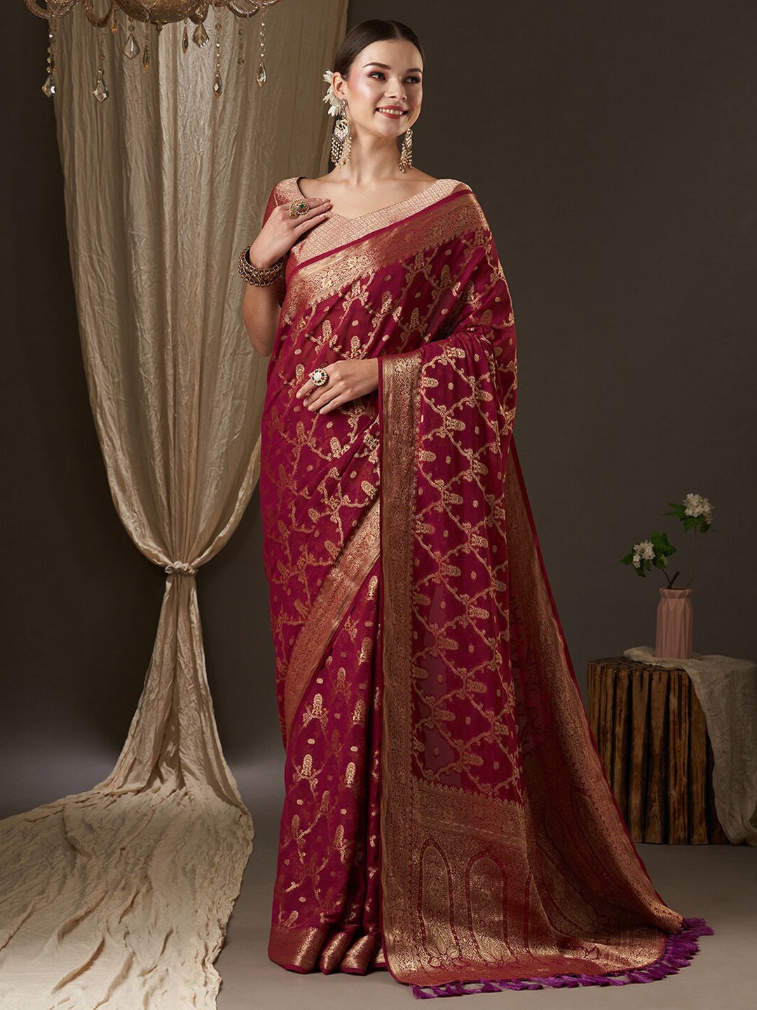 

Anouk Burgundy & Gold-Toned Woven Design Zari Pure Georgette Kanjeevaram Saree