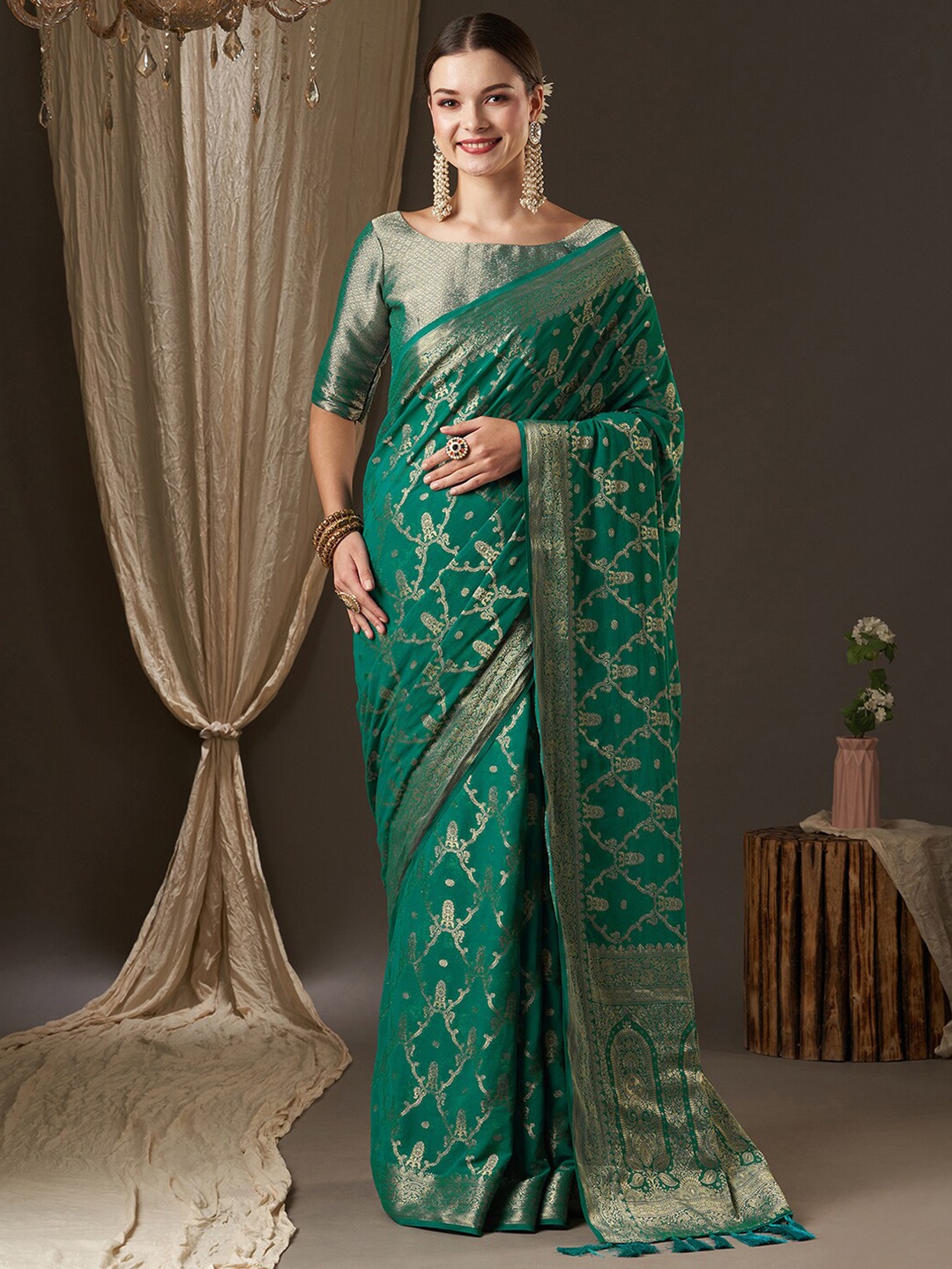 

Anouk Blue & Gold-Toned Woven Design Zari Pure Georgette Kanjeevaram Saree