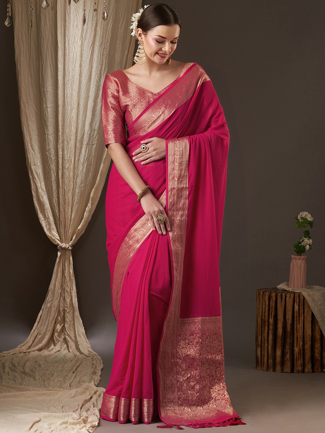

Anouk Pink & Gold-Toned Zari Pure Georgette Kanjeevaram Saree