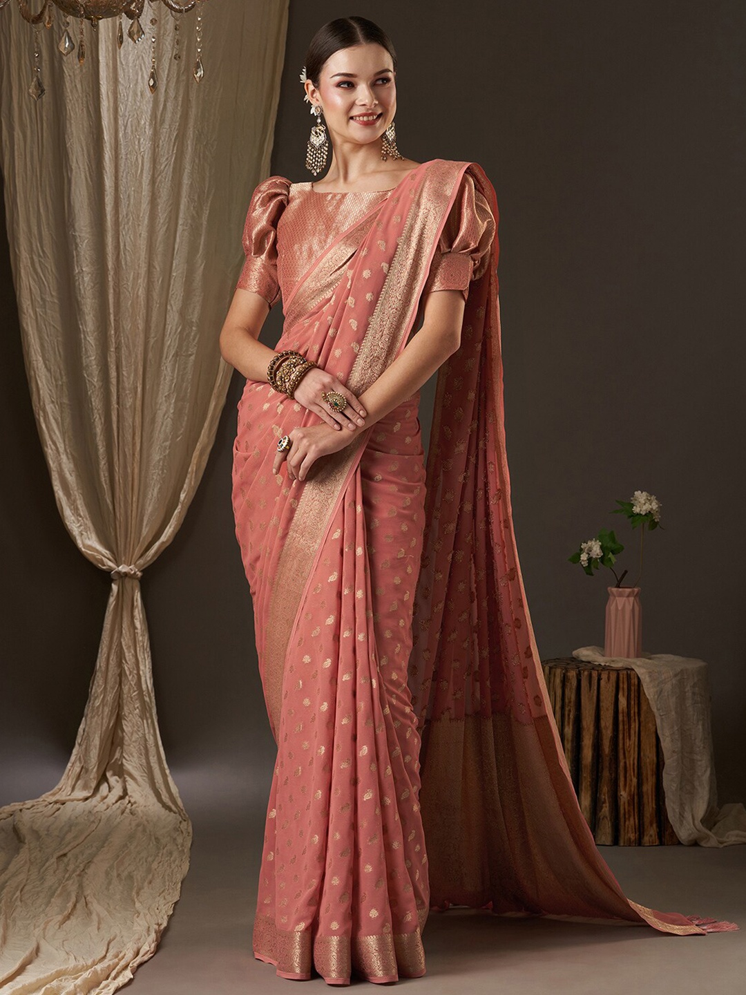 

Anouk Peach-Coloured & Gold-Toned Woven Design Zari Pure Georgette Kanjeevaram Saree