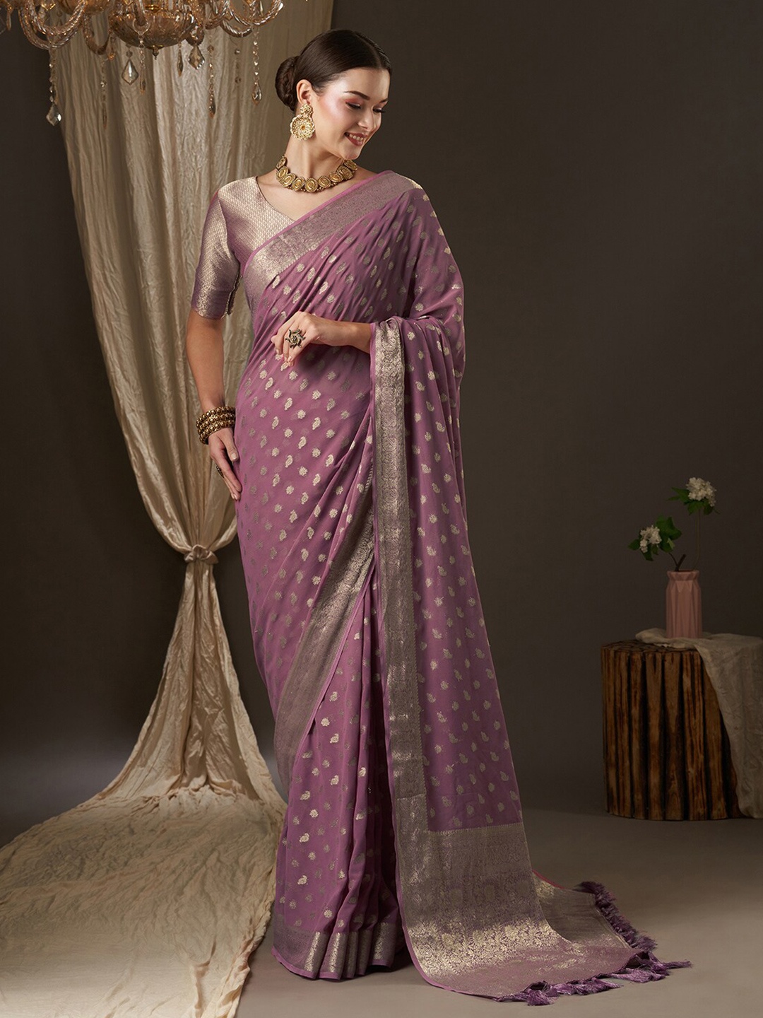 

Anouk Mauve & Gold-Toned Woven Design Zari Pure Georgette Kanjeevaram Saree