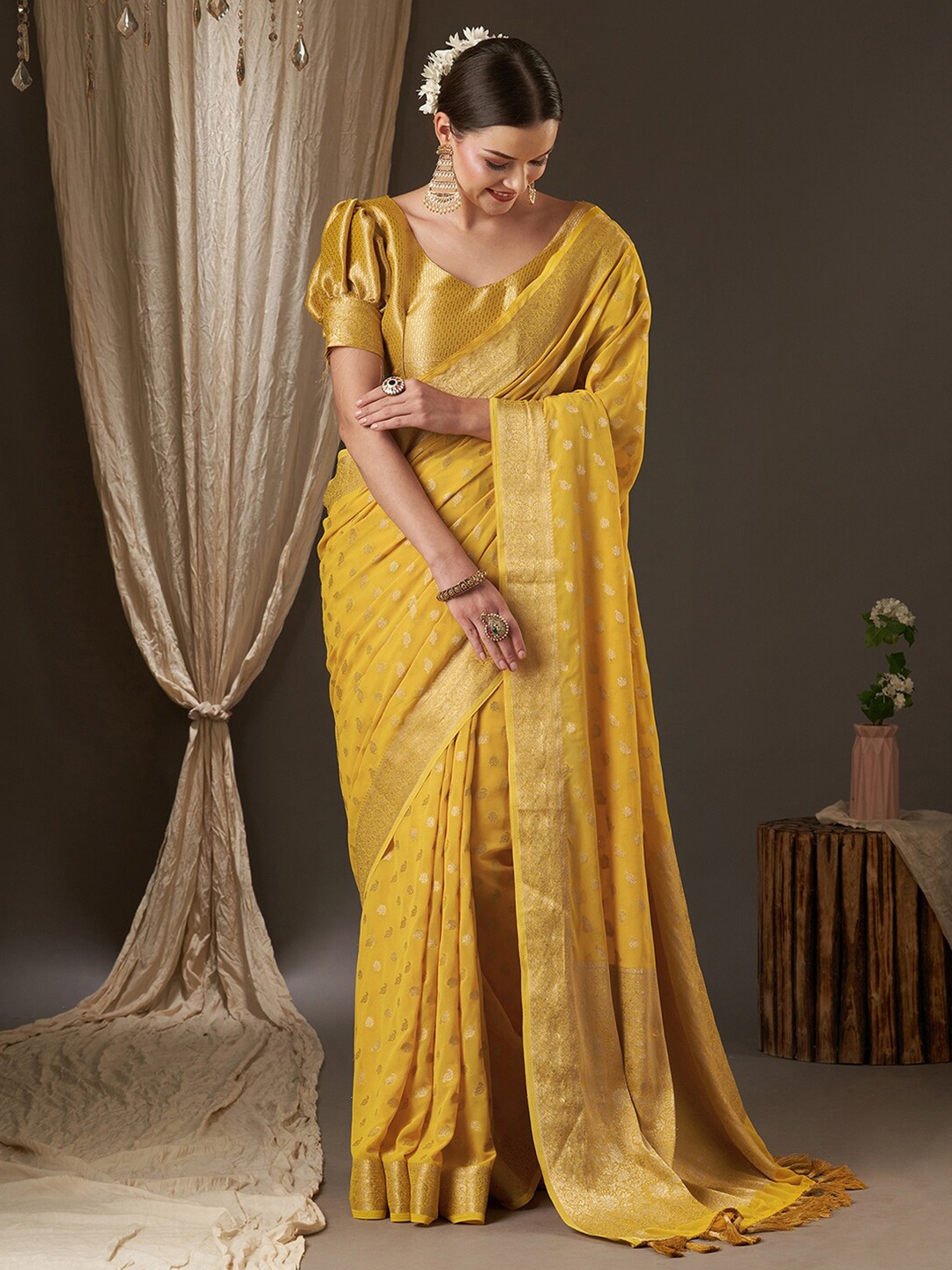 

Anouk Yellow & Gold-Toned Woven Design Zari Pure Georgette Kanjeevaram Saree