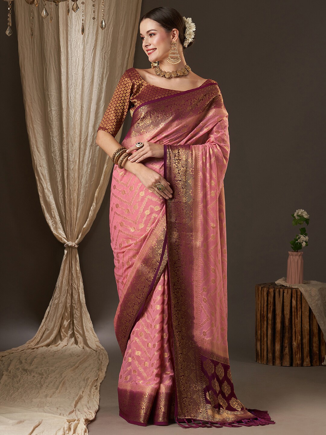 

Anouk Pink & Maroon Woven Design Zari Pure Georgette Kanjeevaram Saree