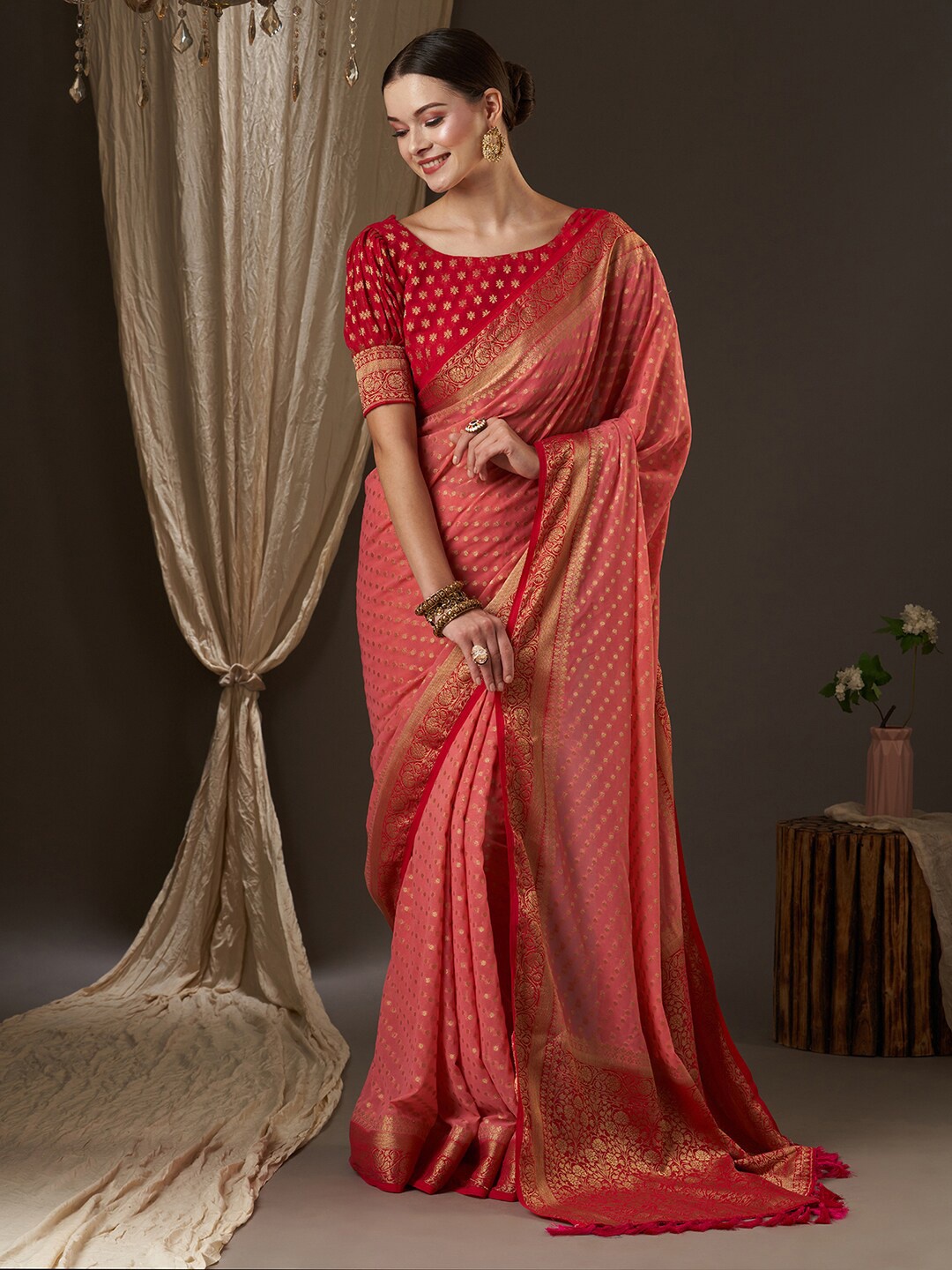 

Anouk Rose Gold & Red Woven Design Zari Pure Georgette Kanjeevaram Saree