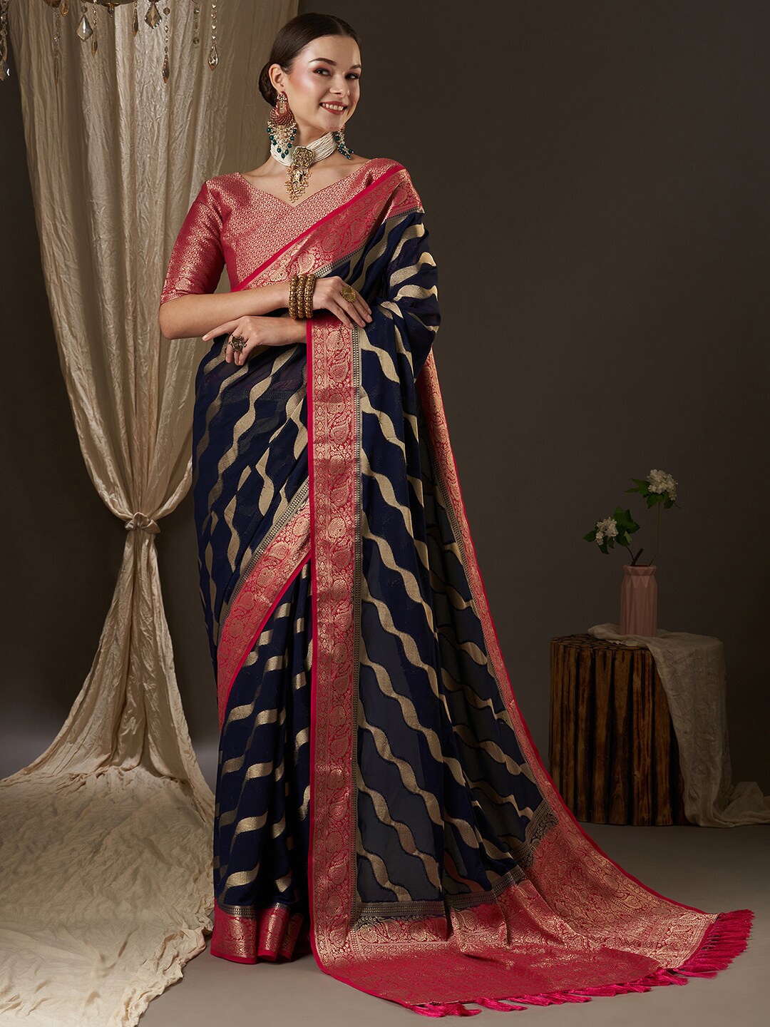 

Anouk Navy Blue & Red Woven Design Zari Pure Georgette Kanjeevaram Saree