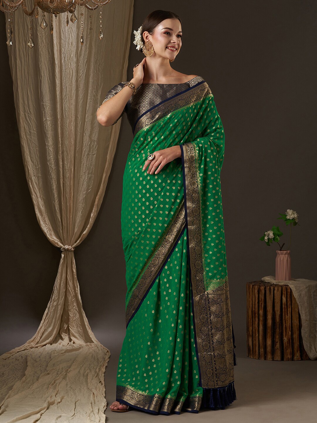 

Anouk Green & Navy Blue Woven Design Zari Pure Georgette Kanjeevaram Saree