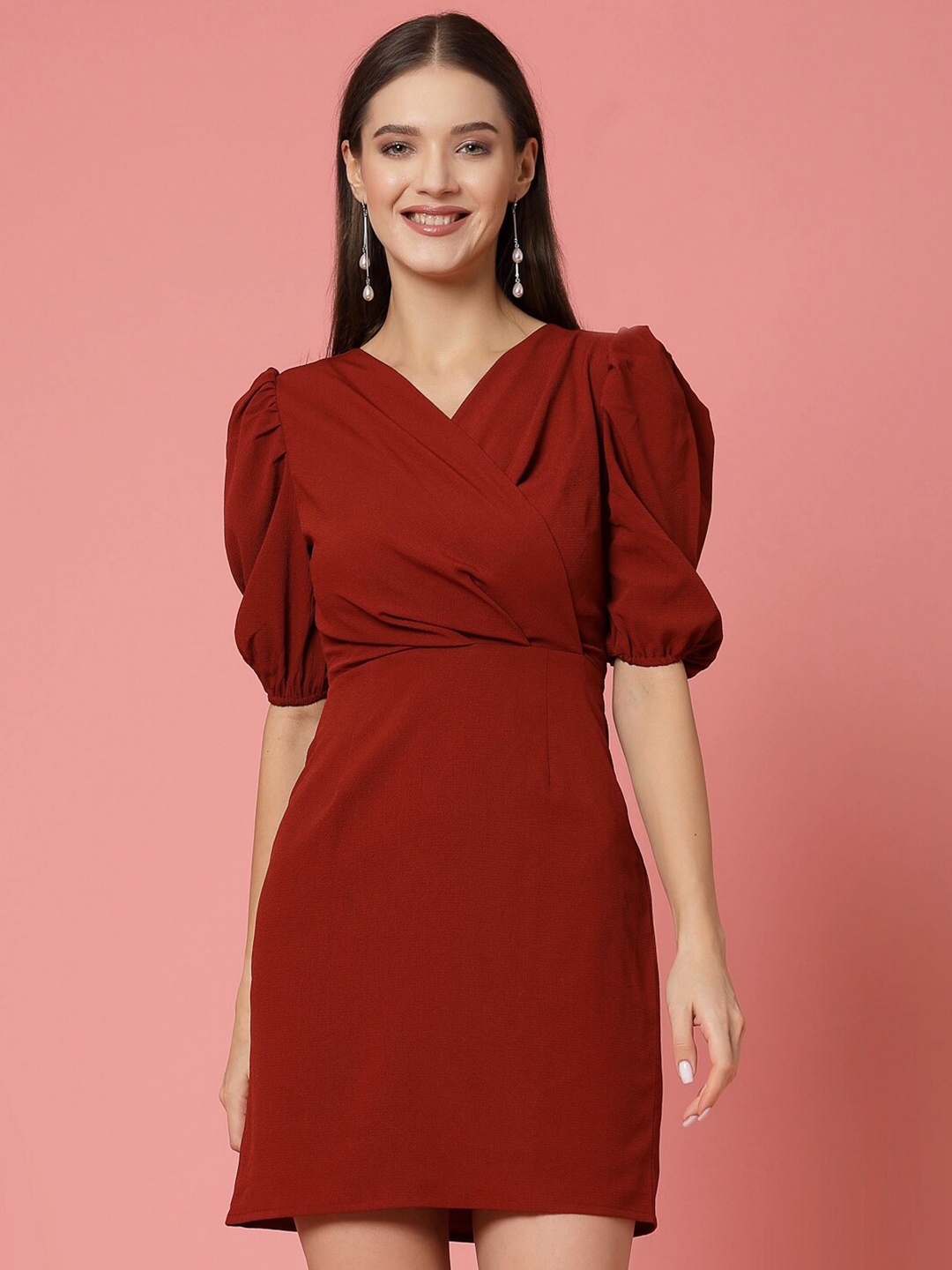 

Strong And Brave V-Neck Puff Sleeves Sheath Mini Dress, Rust