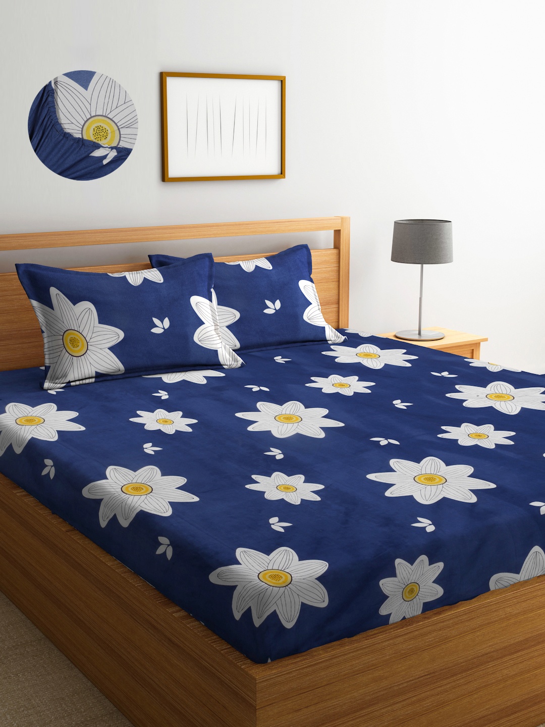 

Arrabi Blue & White Floral 300 TC Fitted King Bedsheet with 2 Pillow Covers
