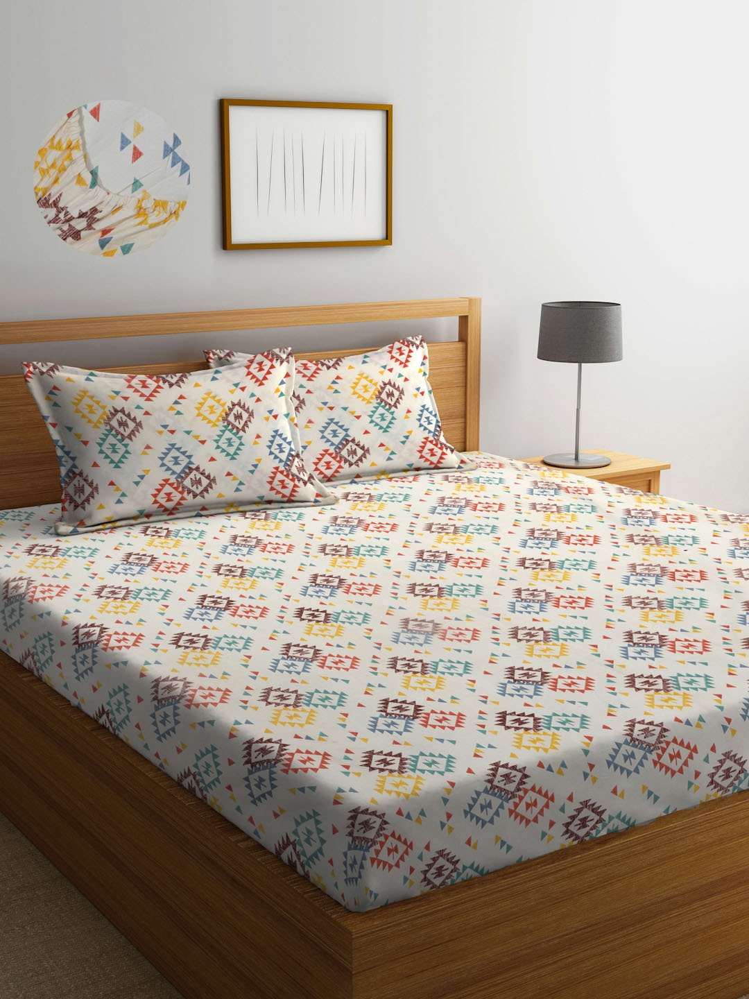 

Arrabi Cream-Coloured & Green Geometric 300 TC King Fitted Bedsheet with 2 Pillow Covers