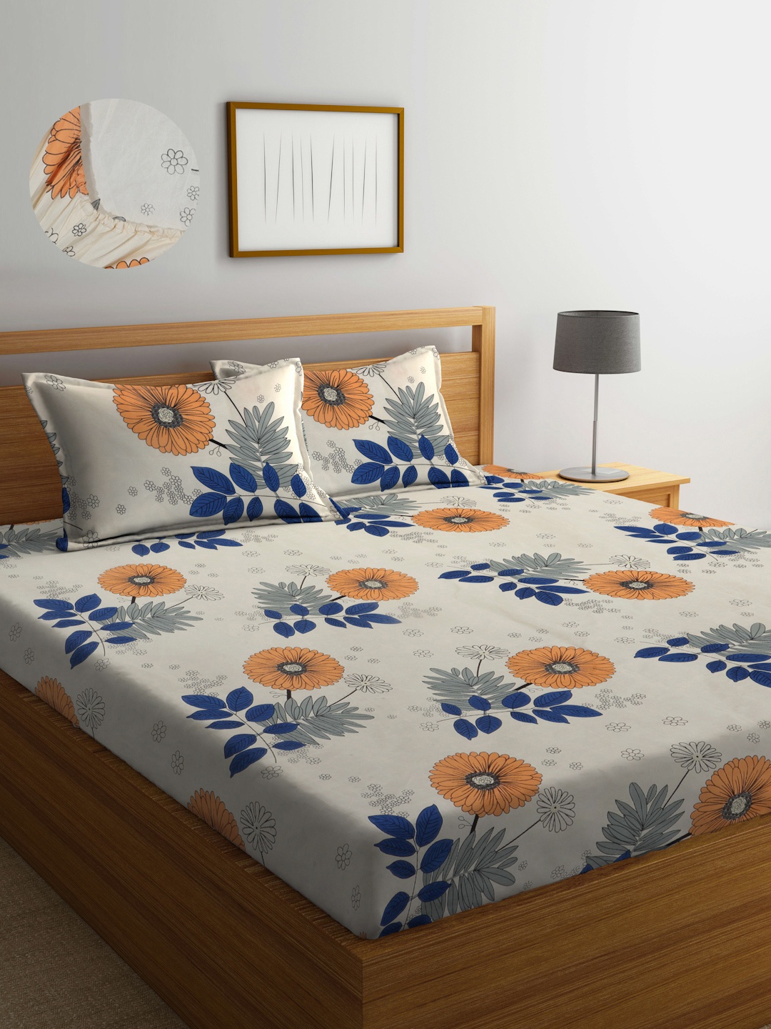 

Arrabi Cream-Coloured & Blue Floral 300 TC Fitted King Bedsheet with 2 Pillow Covers