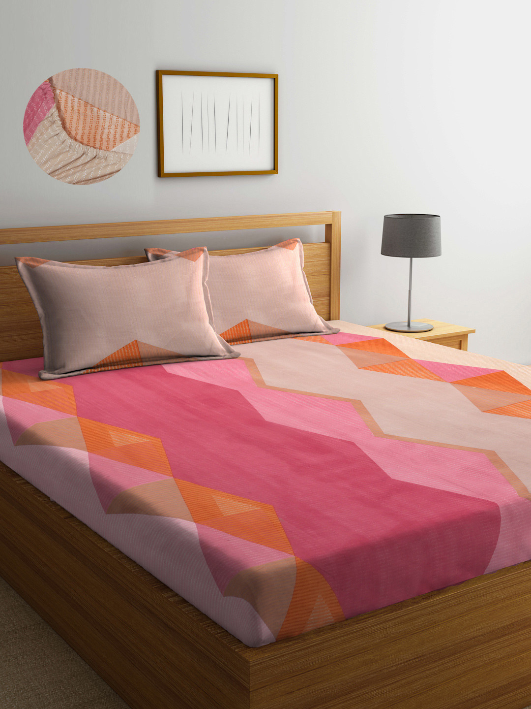 

Arrabi Beige & Pink Geometric 300 TC Fitted King Bedsheet with 2 Pillow Covers