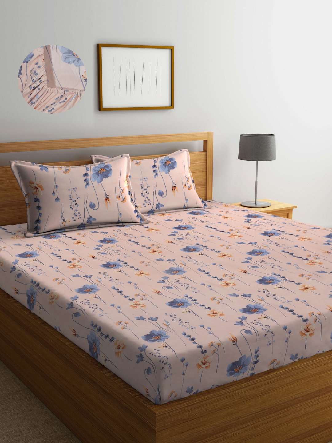 

Arrabi Peach-Coloured & Blue Floral Polycotton 300 TC King Bedsheet With 2 Pillow Covers