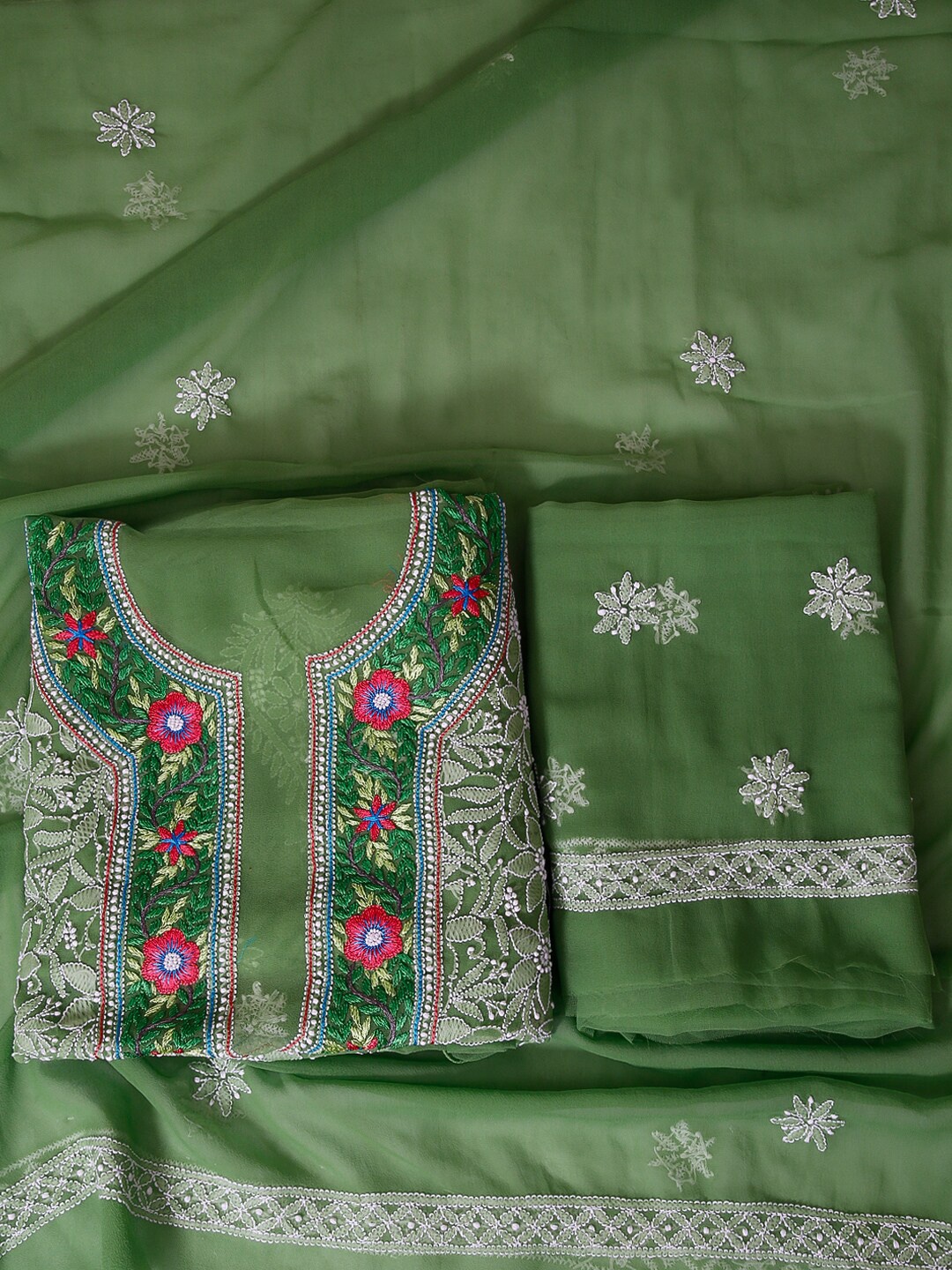 

ADA Embroidered Chikankari Unstitched Dress Material, Green