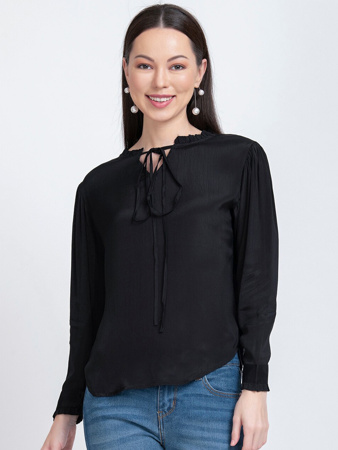 

urSense Black Tie-Up Neck Georgette Top