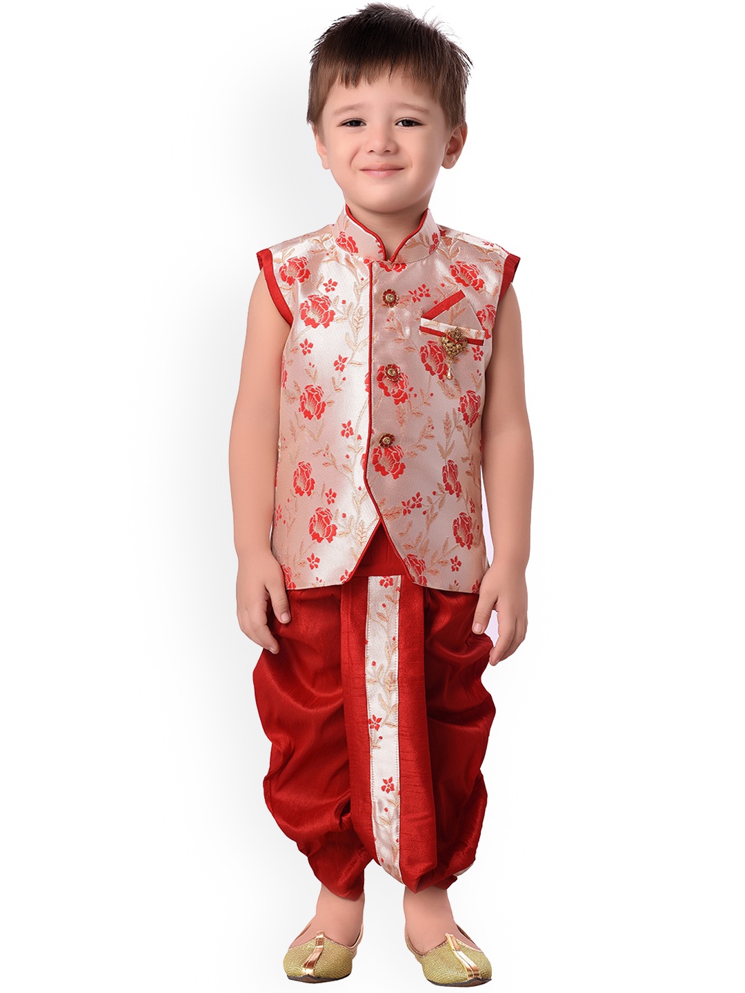 

BAESD Boys Woven Design Mandarin Collar Regular Kurta with Dhoti Pants, Red