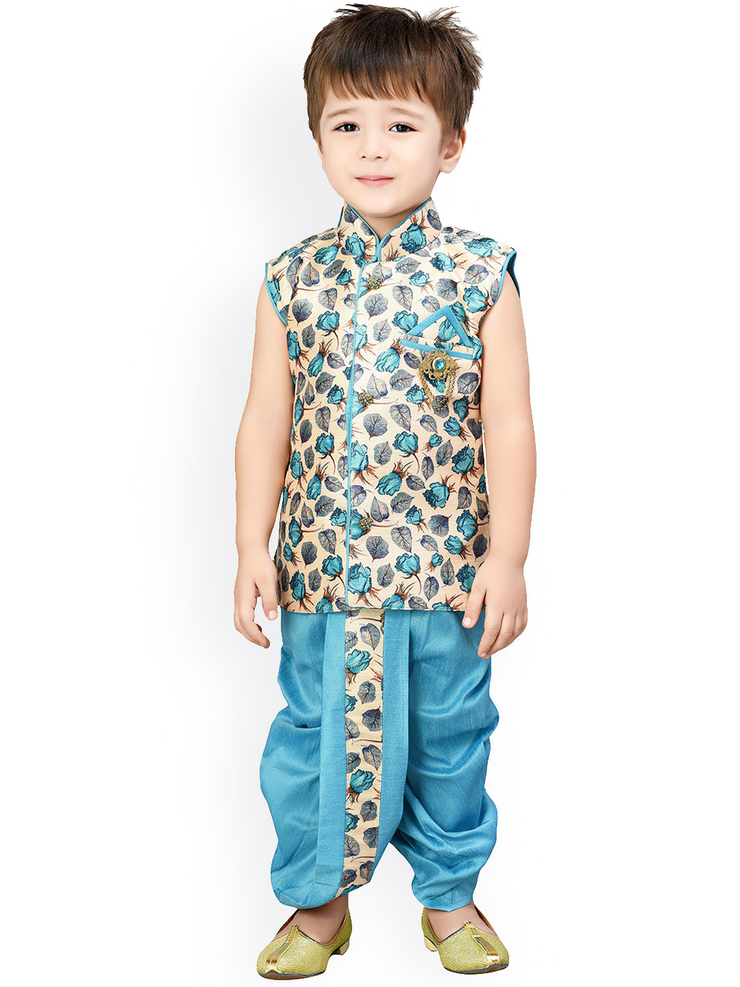 

BAESD Boys Floral Printed Silk Cotton Straight Kurta With Dhoti Pants, Blue