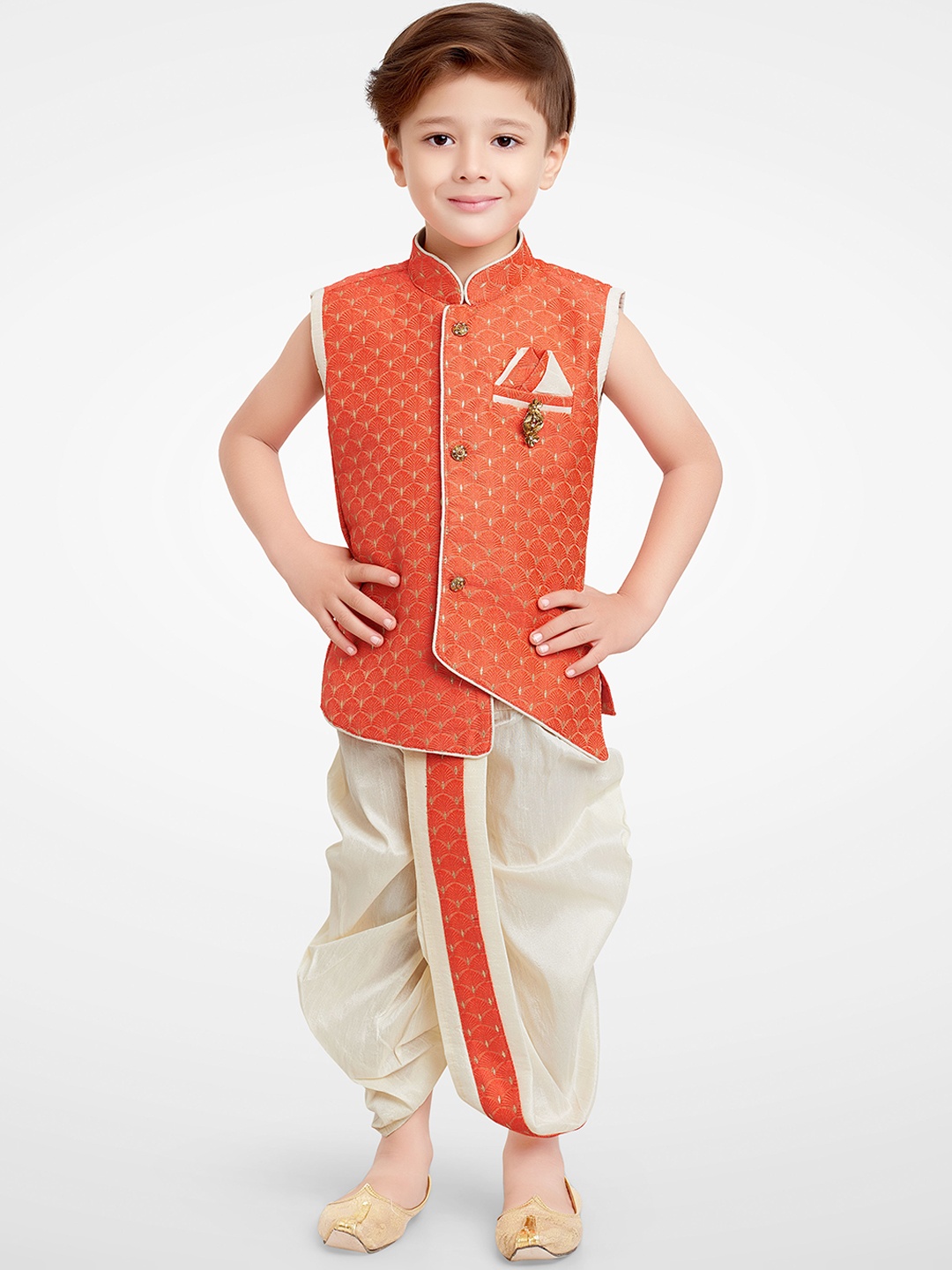 

BAESD Boys Geometric Woven Design Silk Cotton Straight Kurta With Dhoti Pants, Orange