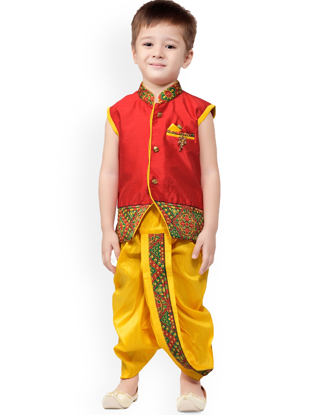 

BAESD Boys Ethnic Motifs Woven Design Silk Cotton Straight Kurta With Dhoti Pants, Red