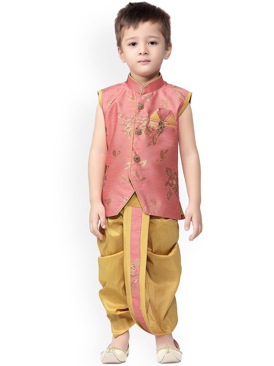 

BAESD Boys Floral Woven Design Regular Kurta With Dhoti Pants, Pink