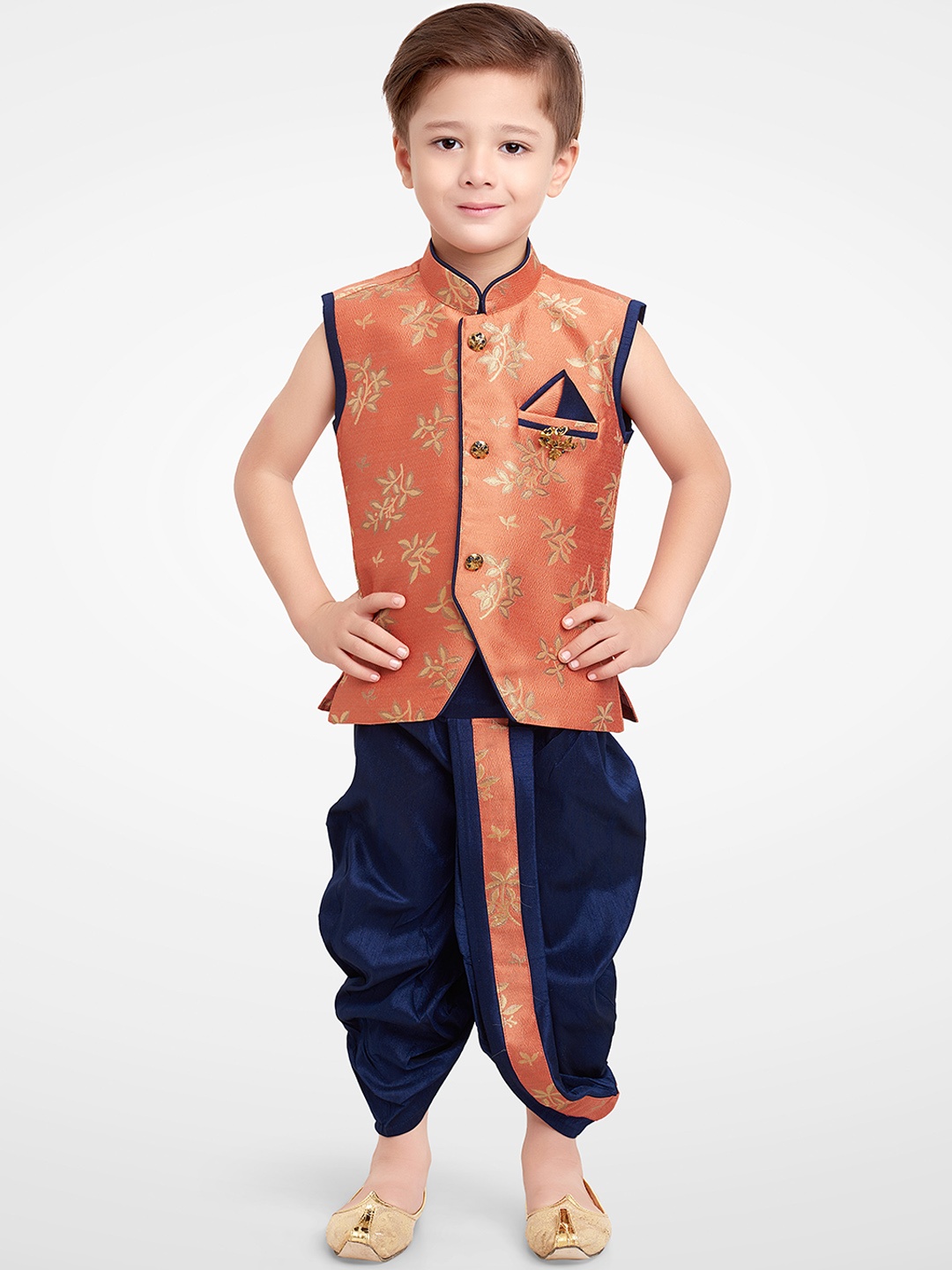 

BAESD Boys Floral Woven Design Silk Cotton Straight Kurta With Dhoti Pants, Peach
