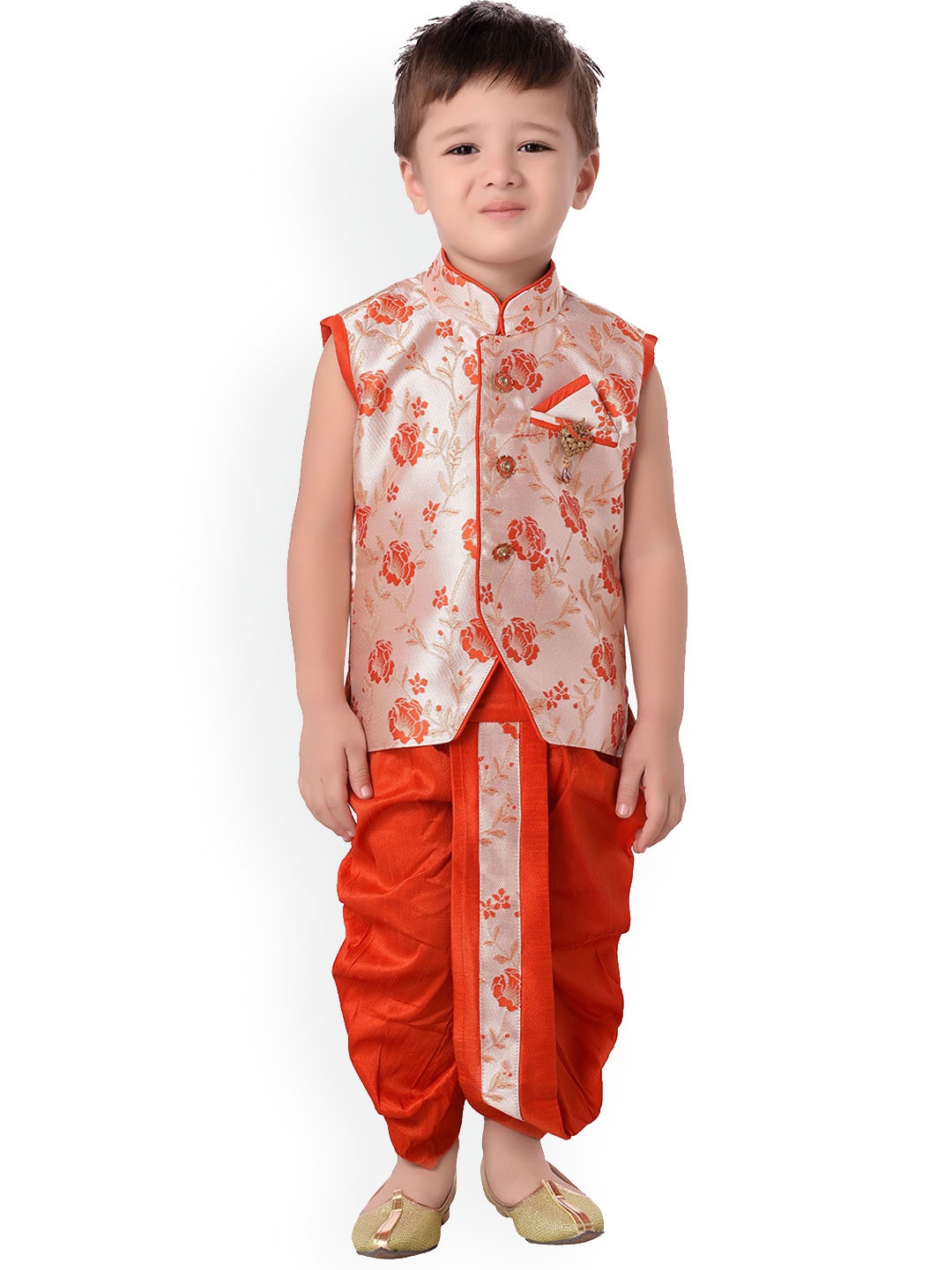 

BAESD Boys Floral Woven Design Regular Kurta With Dhoti Pants, Orange