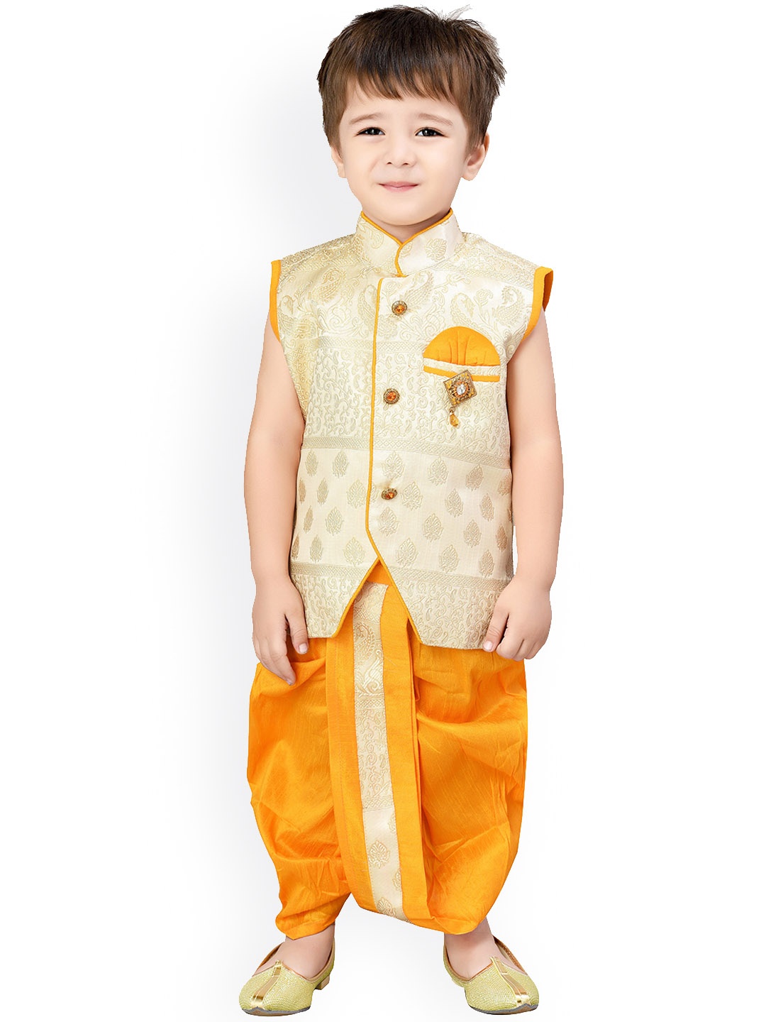 

BAESD Boys Ethnic Motifs Woven Design Silk Cotton Straight Kurta With Dhoti Pants, Yellow