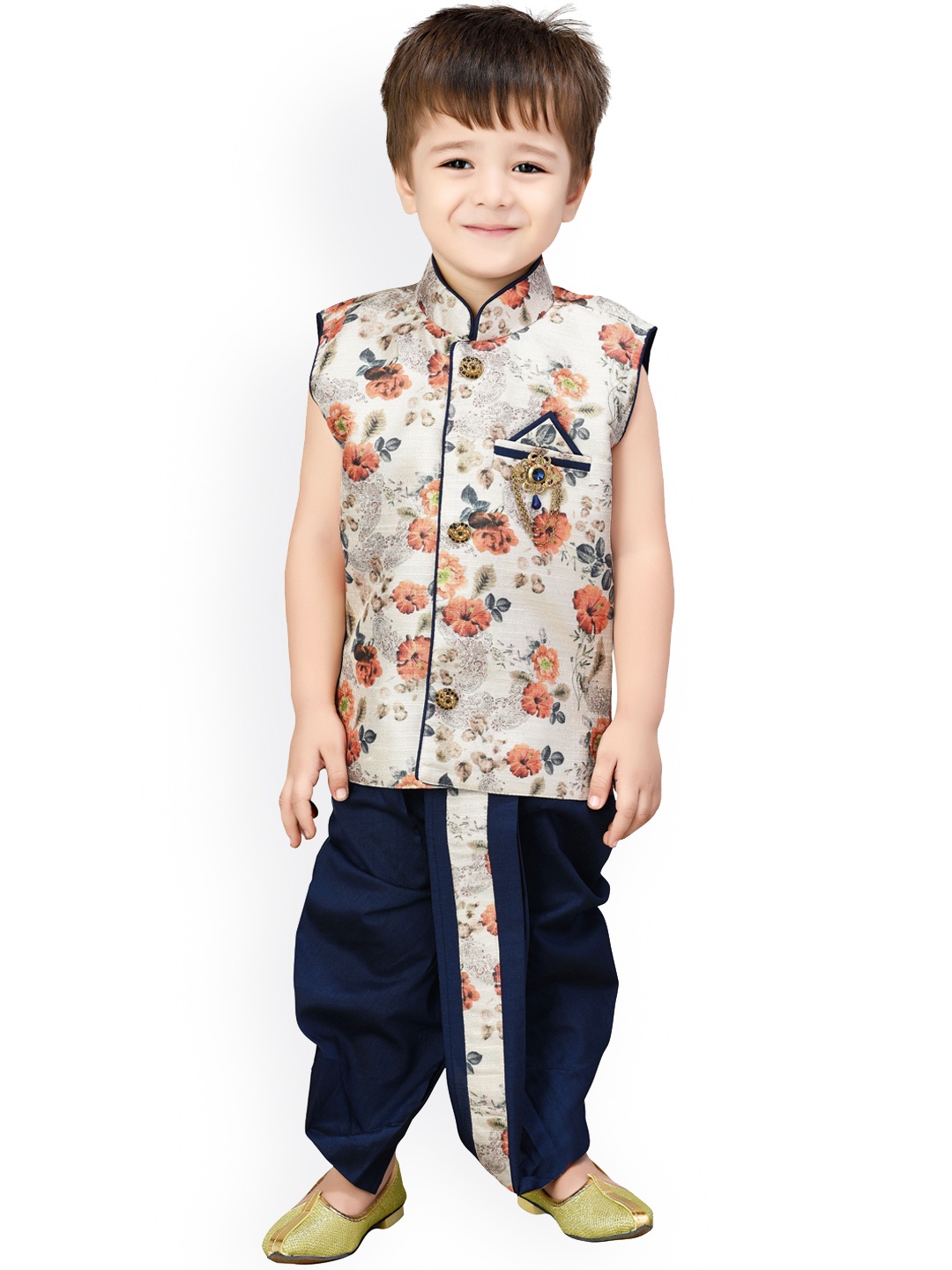 

BAESD Boys Floral Printed Regular Kurta With Dhoti Pants, Navy blue