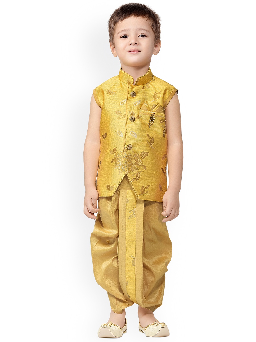 

BAESD Boys Floral Woven Design Silk Cotton Straight Kurta With Dhoti Pants, Yellow