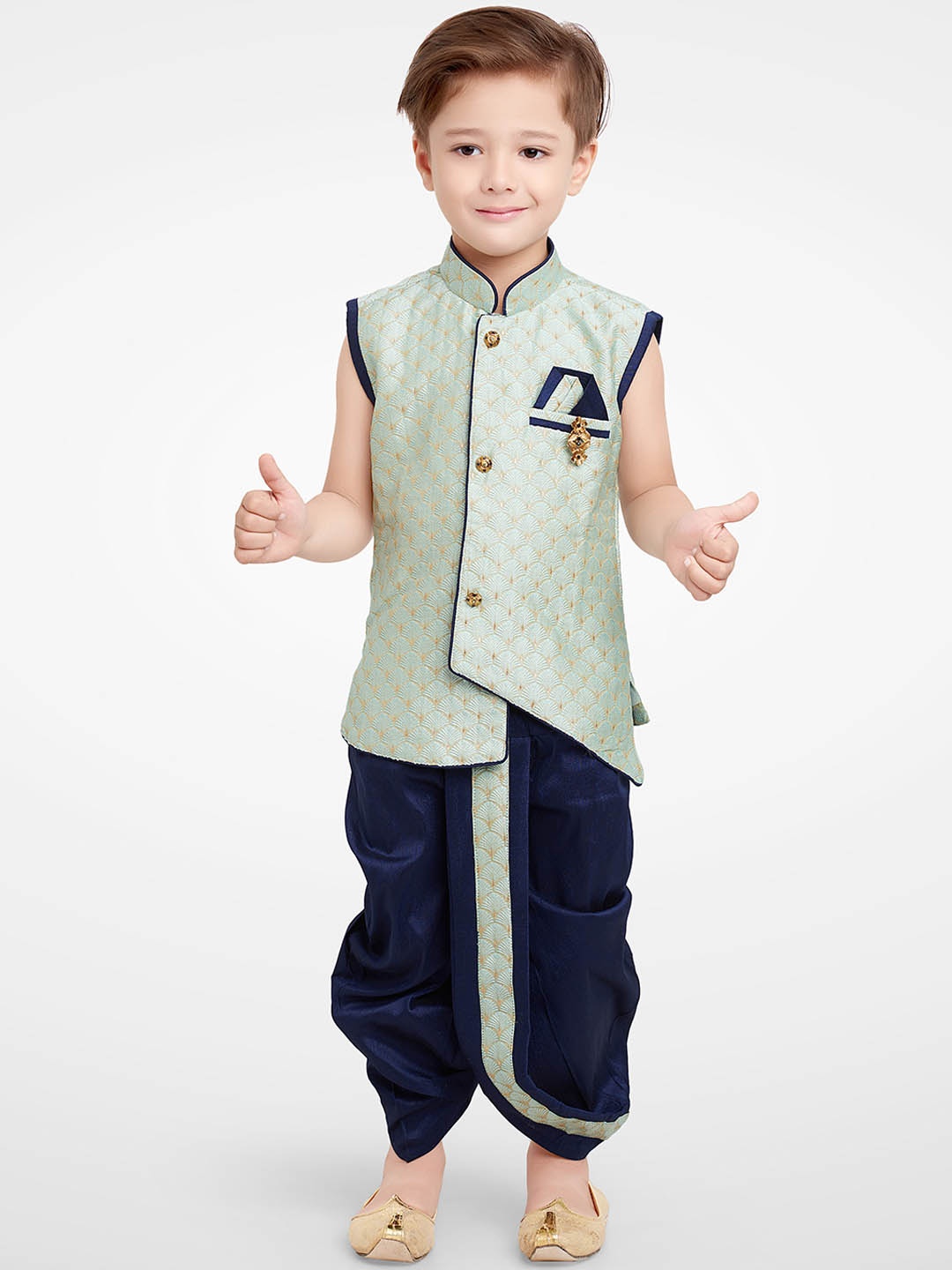 

BAESD Boys Geometric Woven Design Silk Cotton Straight Kurta With Dhoti Pants, Blue