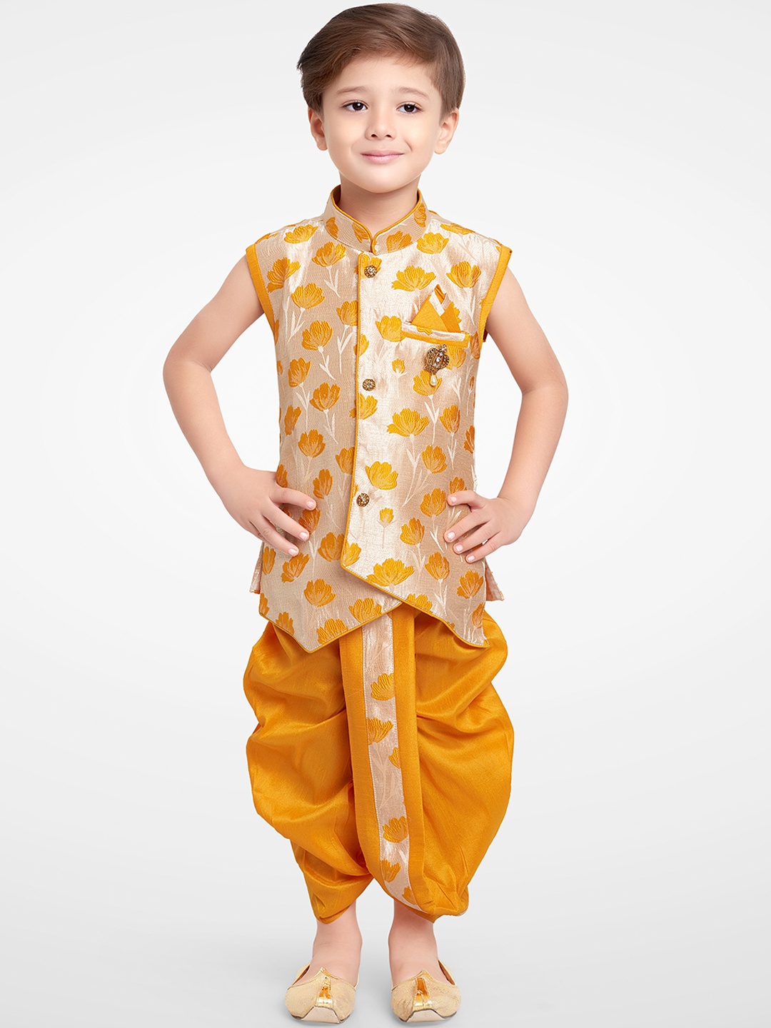 

BAESD Boys Floral Woven Design Silk Cotton Straight Kurta With Dhoti Pants, Yellow