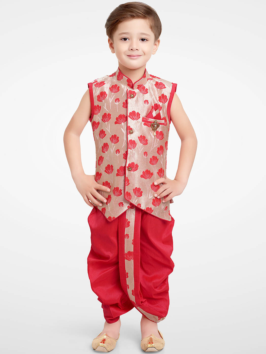 

BAESD Infants Boys Floral Woven Design Mandarin Collar Kurta With Dhoti Pants, Pink
