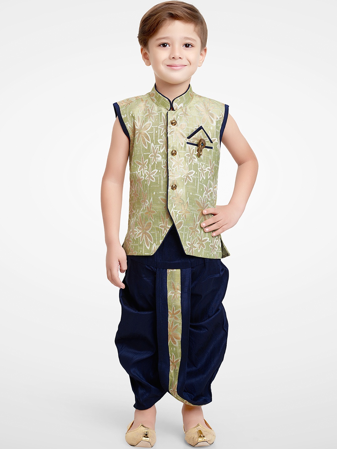 

BAESD Boys Floral Woven Design Silk Cotton Straight Kurta With Dhoti Pants, Green