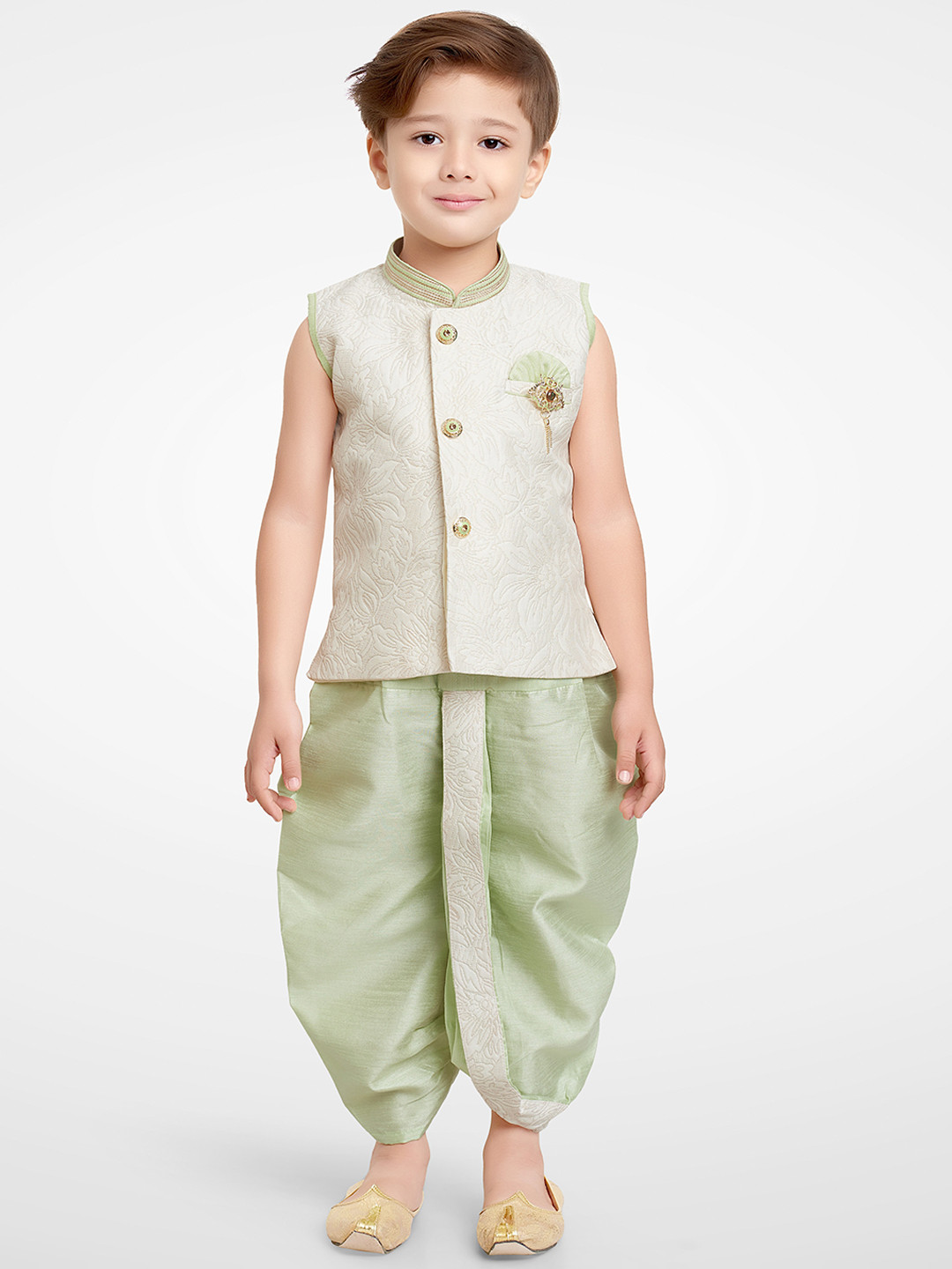 

BAESD Boys Floral Woven Design Silk Cotton Straight Kurta With Dhoti Pants, Green