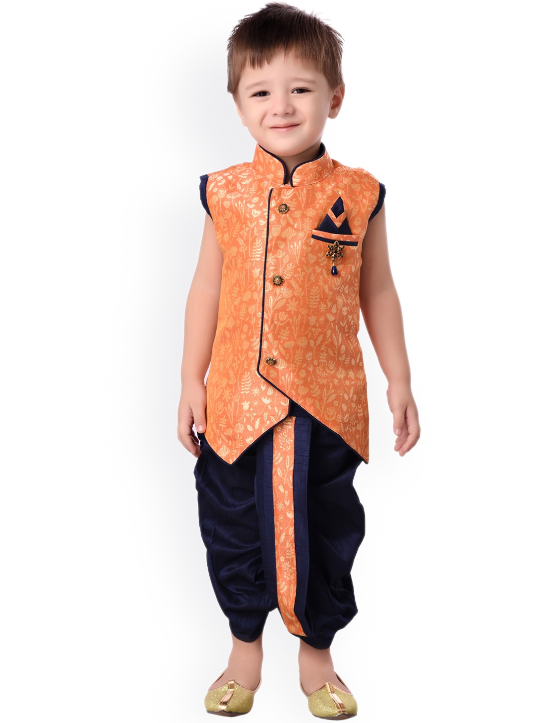 

BAESD Boys Floral Woven Design Silk Cotton Straight Kurta With Dhoti Pants, Orange